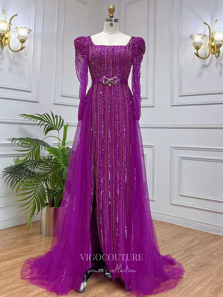 Vintage Beaded Prom Dresses with Slit Long Sleeve Square Neck Evening Gown 22112 Dusty Blue / US10 Vintage Beaded Prom Dresses with Slit Long Sleeve Square Neck Evening Gown 22112 Dusty Blue / US10