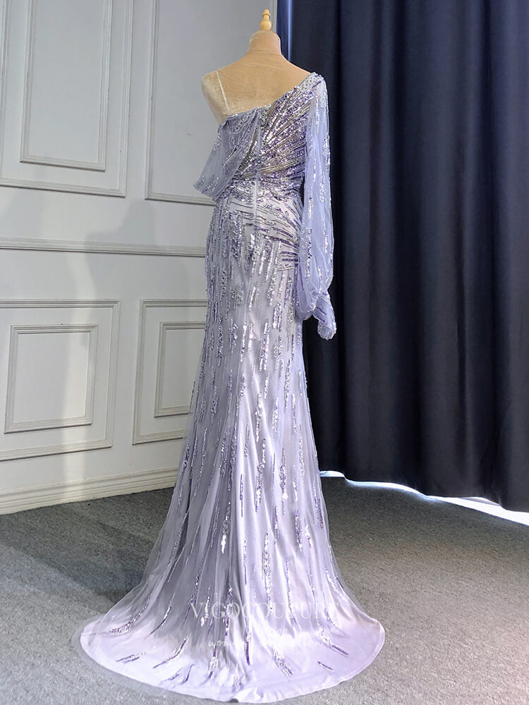 Vintage Beaded Prom Dresses with Slit One Shoulder 20s Evening Dresses