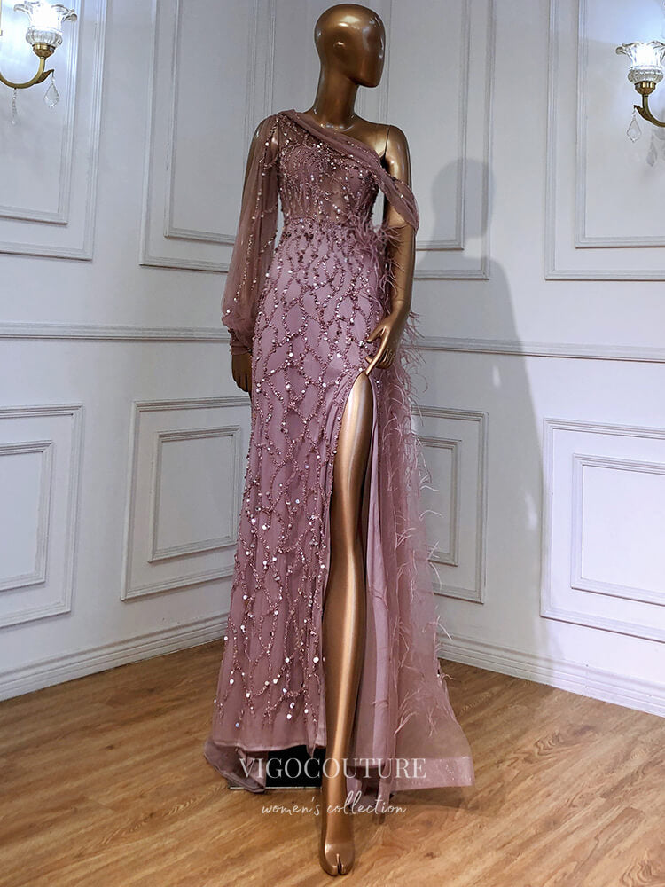 Prom Dress 2025 Vintage Beaded Prom Dresses with Slit One Shoulder Mermaid Evening Dresses 22072-unique elegant Prom Dresses-Pink-US2-vigocouture
