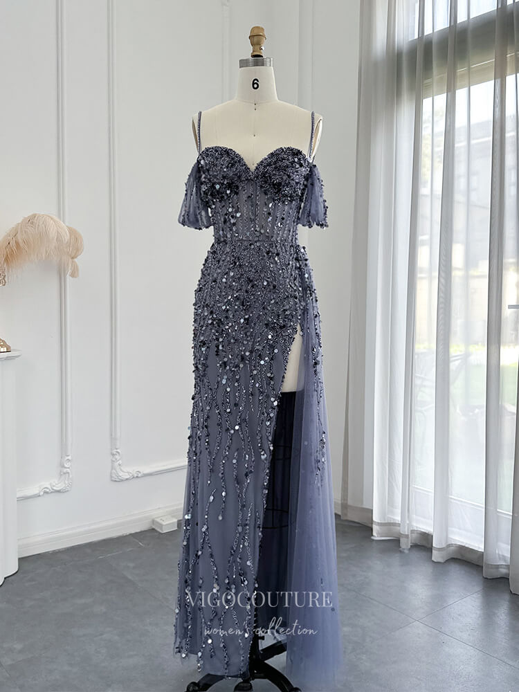 Vintage Beaded Prom Dresses with Slit Spaghetti Strap 1920s Evening Dress 22142 Grey / US4 Vintage Beaded Prom Dresses with Slit Spaghetti Strap 1920s Evening Dress 22142 Grey / US4