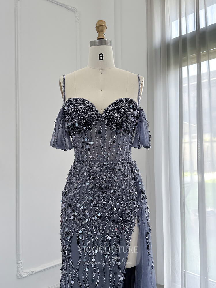 beaded prom dress vintage Light Blue Tulle A-line V-neck Spaghetti Straps Beaded Long Prom Dresses, MP658