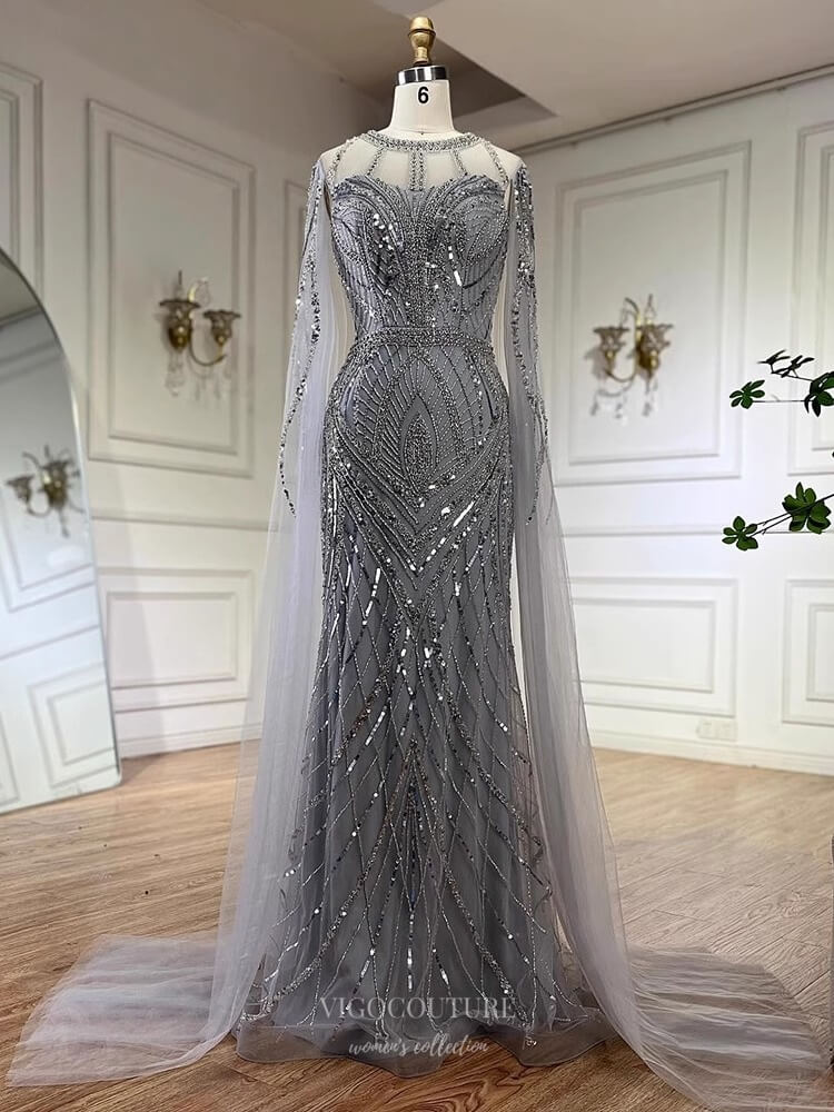 silver pageant dresses Vintage Beaded Sheath Prom Dresses Extra Long Sleeve Pageant Dress 25004 Silver / US10