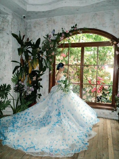 Prom Dresses 2025 to impress Whimsical Blue Butterfly Ball Gown with 3D Appliqué and Layered Tulle Skirt – F005-vigocouture-vigocouture