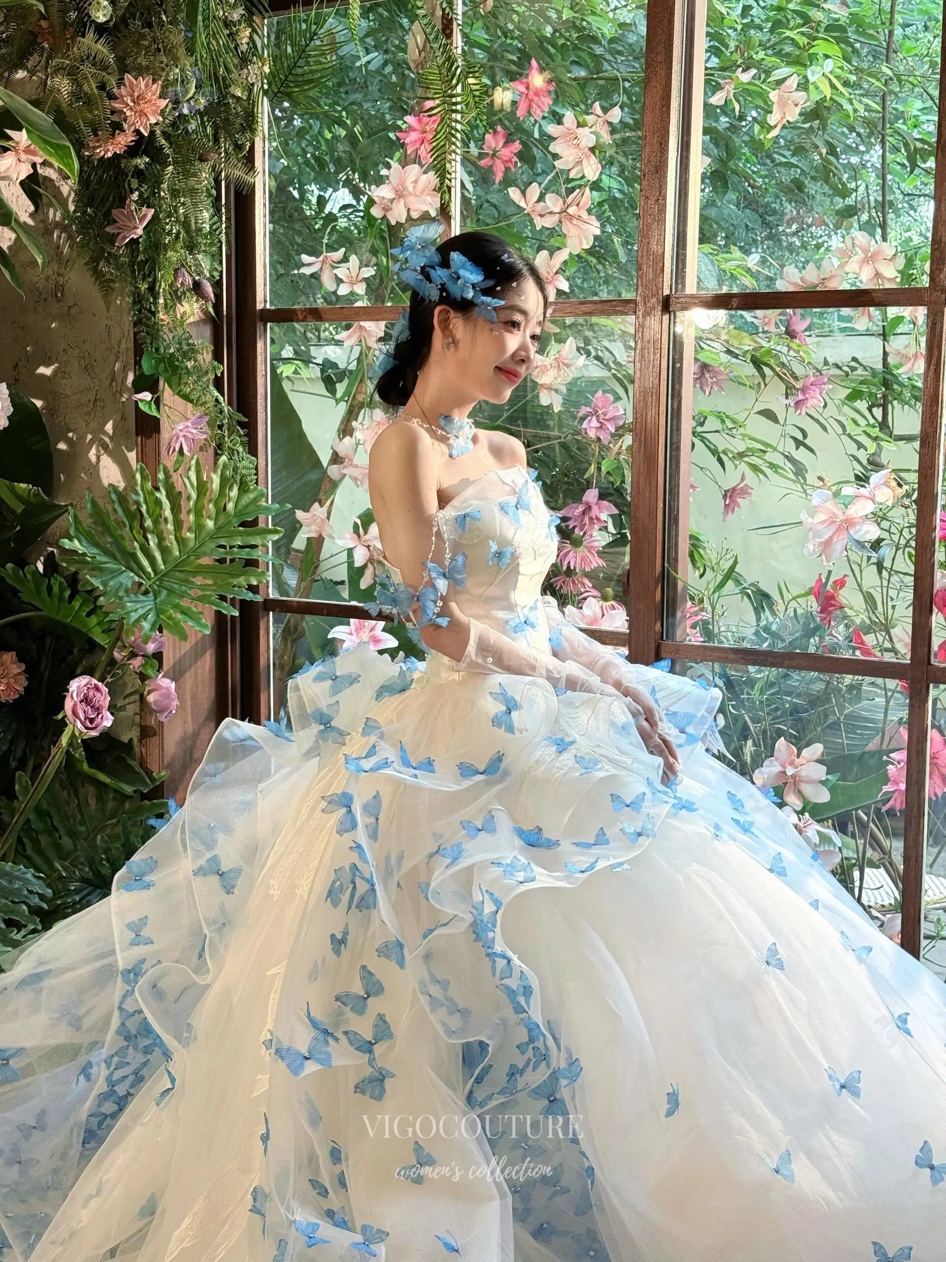 Prom Dresses 2025 to impress Whimsical Blue Butterfly Ball Gown with 3D Appliqué and Layered Tulle Skirt – F005-vigocouture-vigocouture