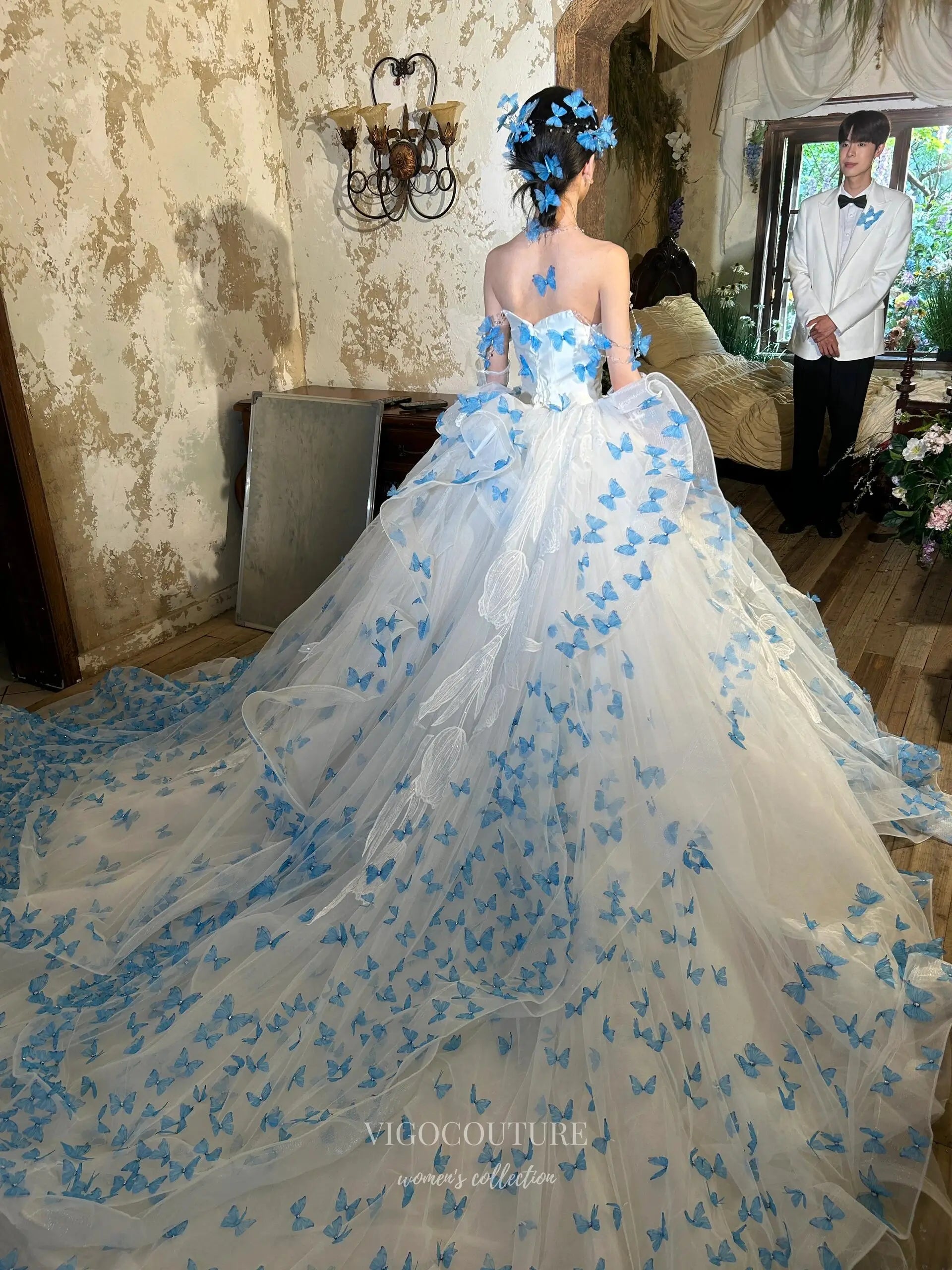 3D Blue Butterfly Ball Gown with Cathedral Train F005 Custom Colors / US26W 3D Blue Butterfly Ball Gown with Cathedral Train F005 Custom Colors / US26W