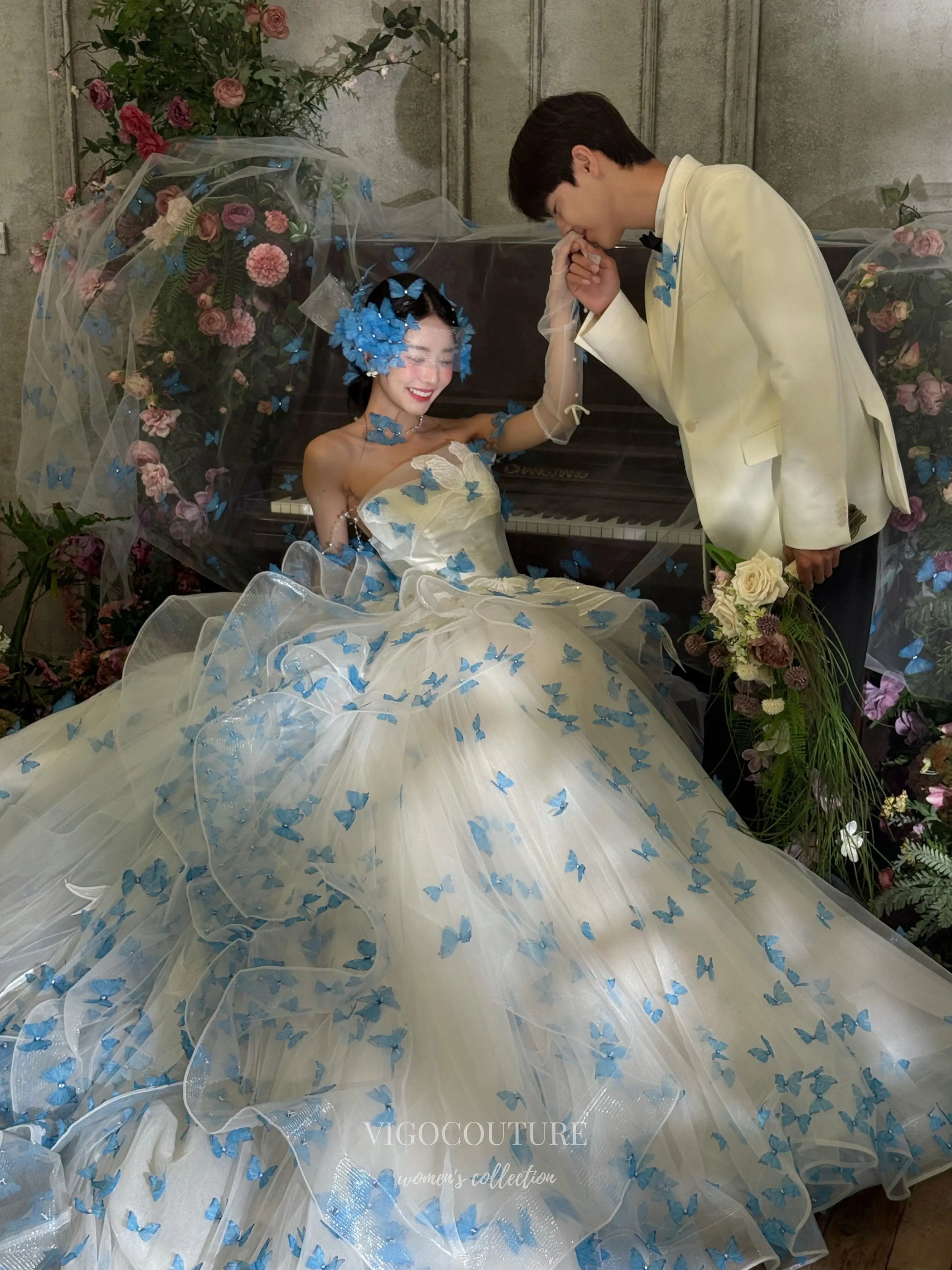 3D Blue Butterfly Ball Gown with Cathedral Train – F005 – vigocouture 3D Blue Butterfly Ball Gown with Cathedral Train – F005 – vigocouture