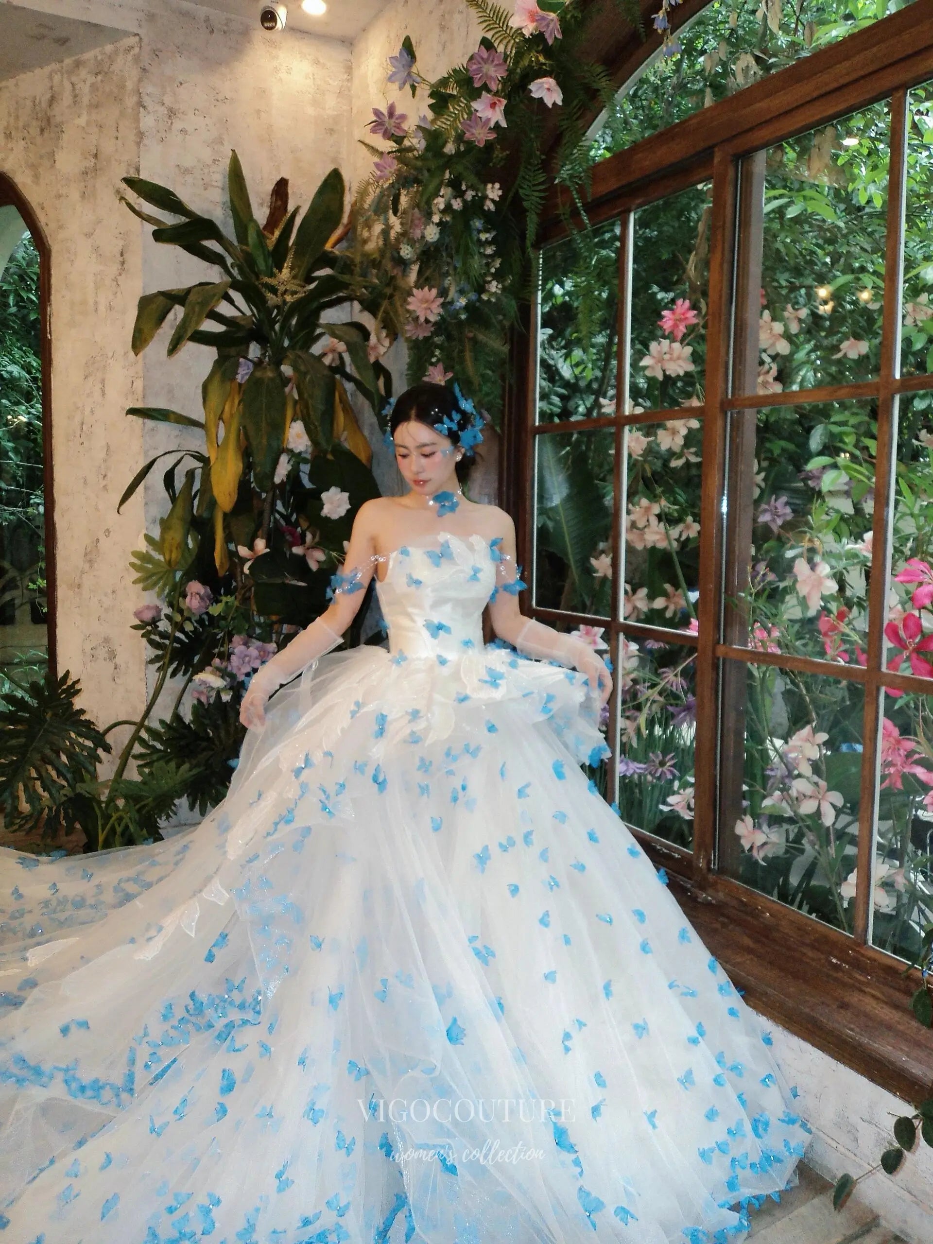 3D Blue Butterfly Ball Gown with Cathedral Train F005 Custom Colors / US26W 3D Blue Butterfly Ball Gown with Cathedral Train F005 Custom Colors / US26W
