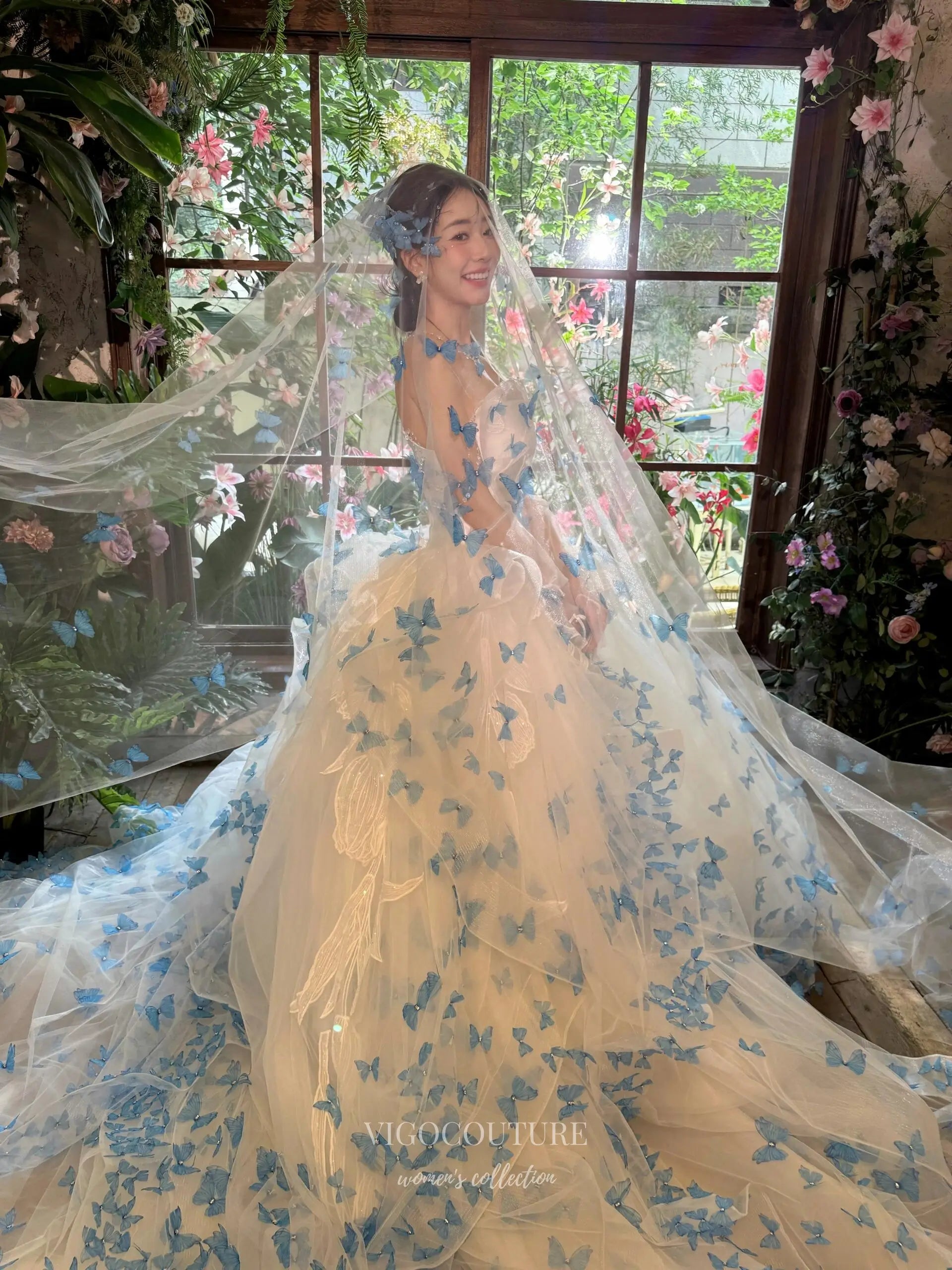 Prom Dresses 2025 to impress Whimsical Blue Butterfly Ball Gown with 3D Appliqué and Layered Tulle Skirt – F005-vigocouture-vigocouture