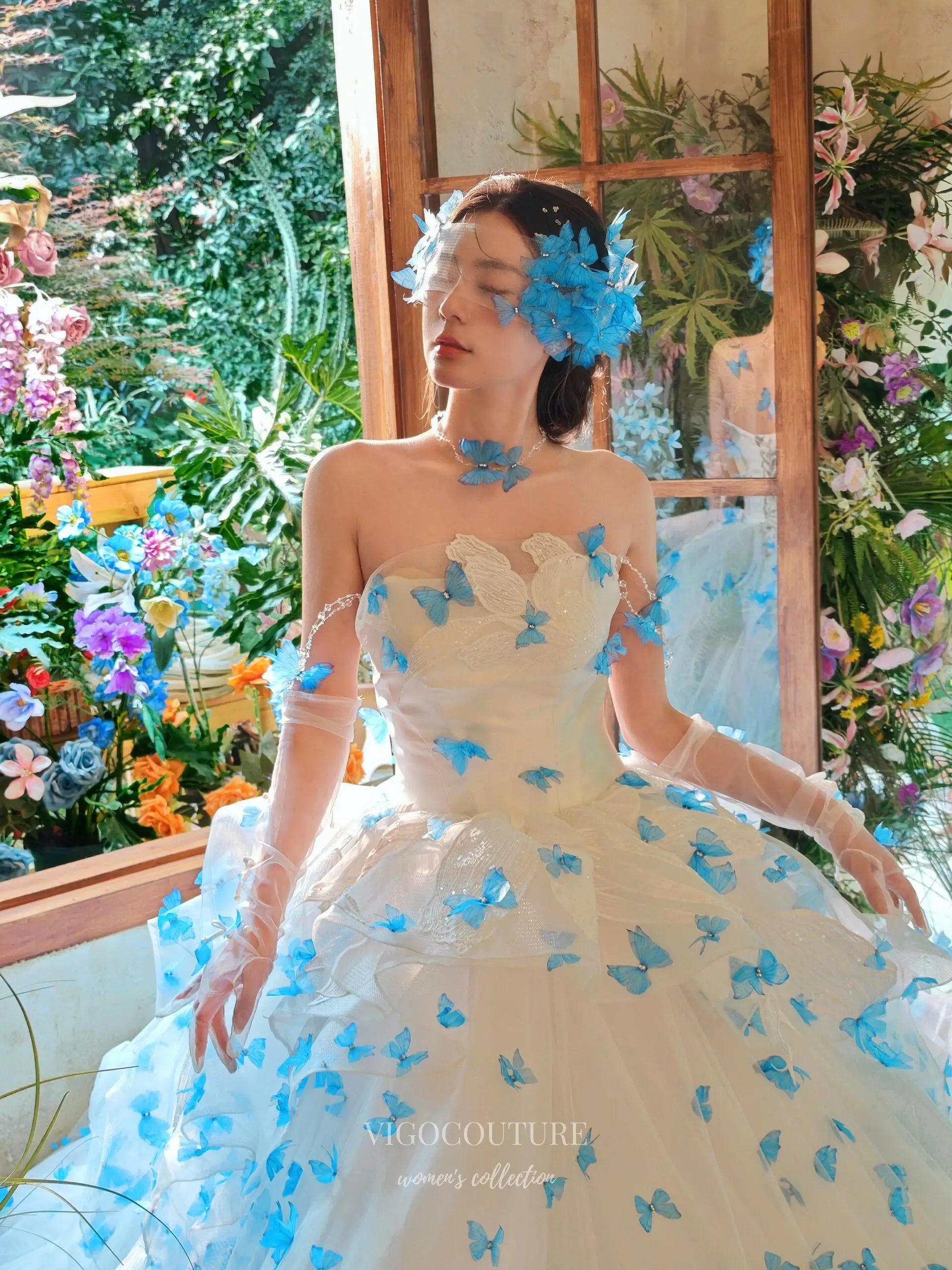 3D Blue Butterfly Ball Gown with Cathedral Train F005 Custom Colors / US26W 3D Blue Butterfly Ball Gown with Cathedral Train F005 Custom Colors / US26W