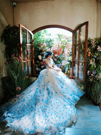 Prom Dresses 2025 to impress Whimsical Blue Butterfly Ball Gown with 3D Appliqué and Layered Tulle Skirt – F005-vigocouture-vigocouture