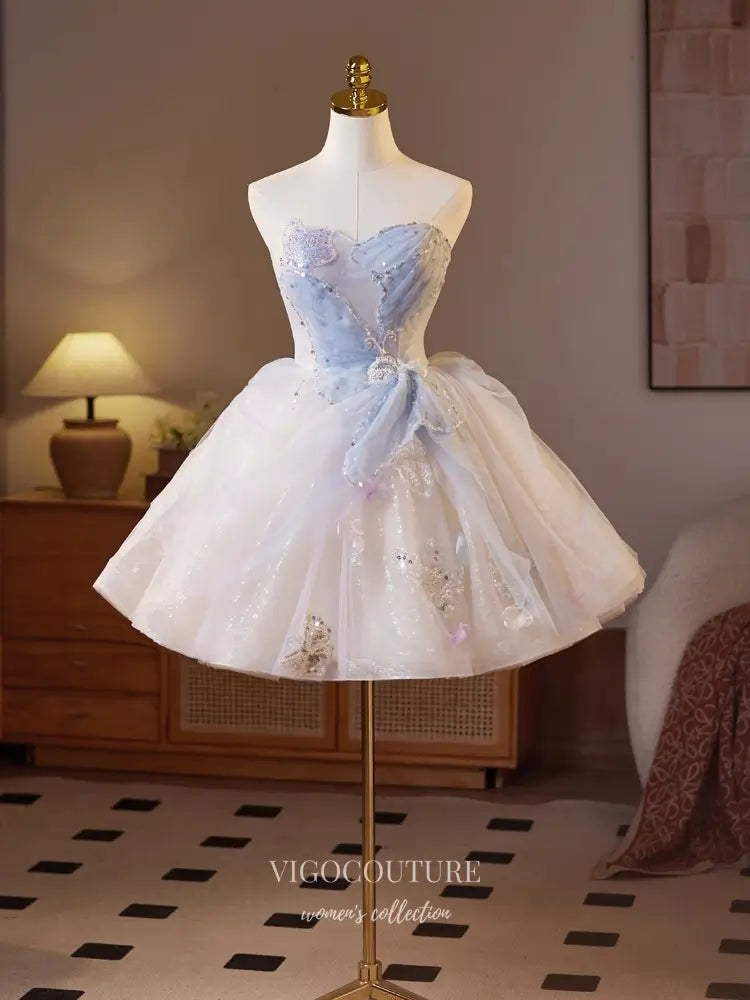 Whimsical Blue & White Tulle Strapless Hoco Dress Short Fairycore Cocktail Gown hc474 Light Blue / US6 Whimsical Blue & White Tulle Strapless Hoco Dress Short Fairycore Cocktail Gown hc474 Light Blue / US6