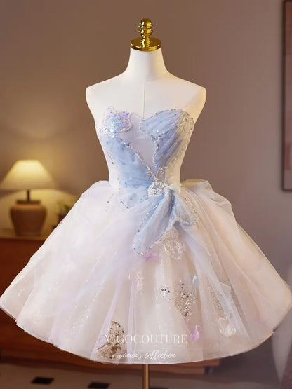 Whimsical Blue & White Tulle Strapless Hoco Dress Short Fairycore Cocktail Gown hc474 Light Blue / US6 Whimsical Blue & White Tulle Strapless Hoco Dress Short Fairycore Cocktail Gown hc474 Light Blue / US6
