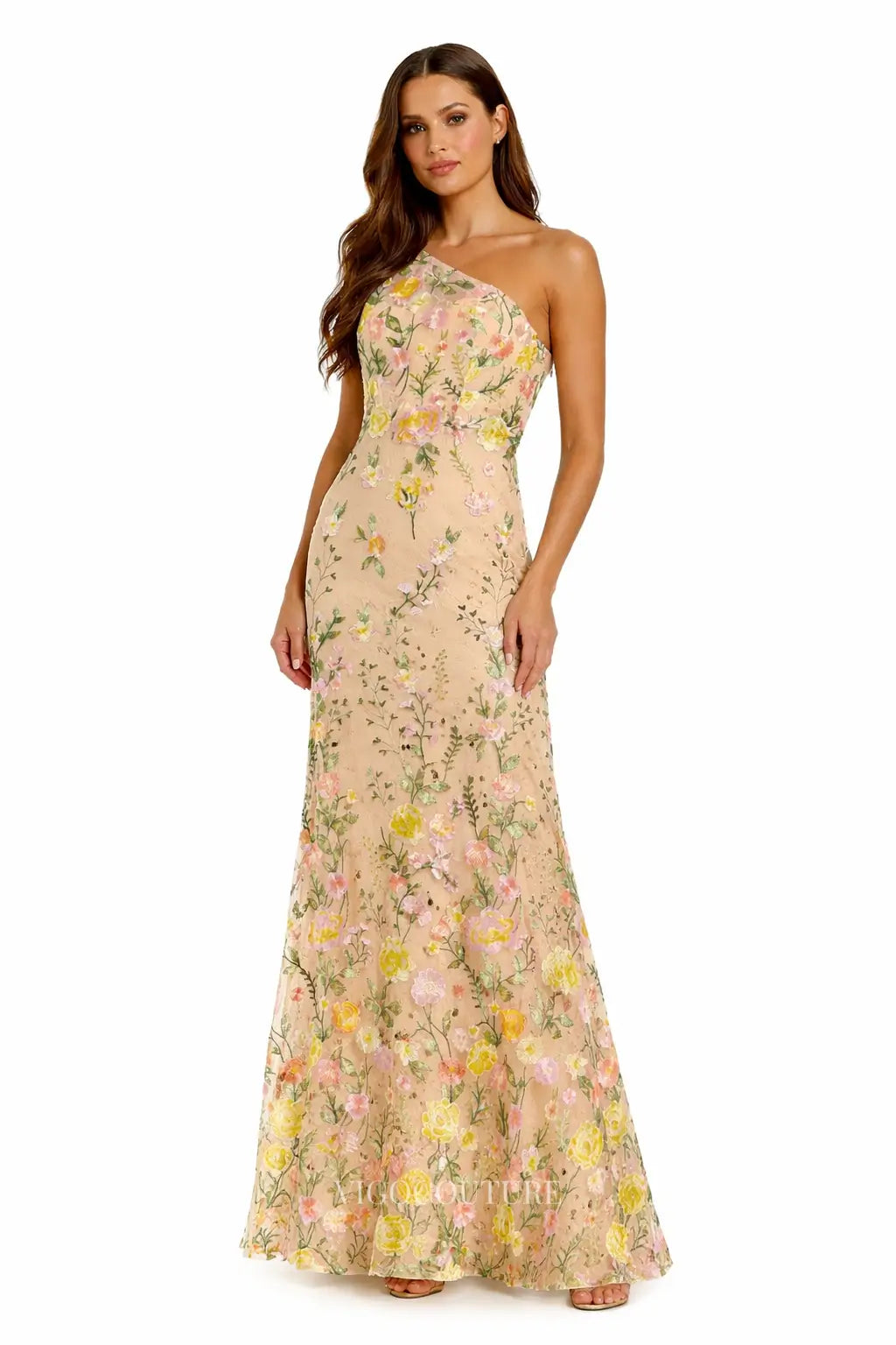 Prom Dresses 2025 to impress Whimsical Floral Embroidered One-Shoulder Formal Dress - VG001-vigocouture-Champagne-US 0-vigocouture