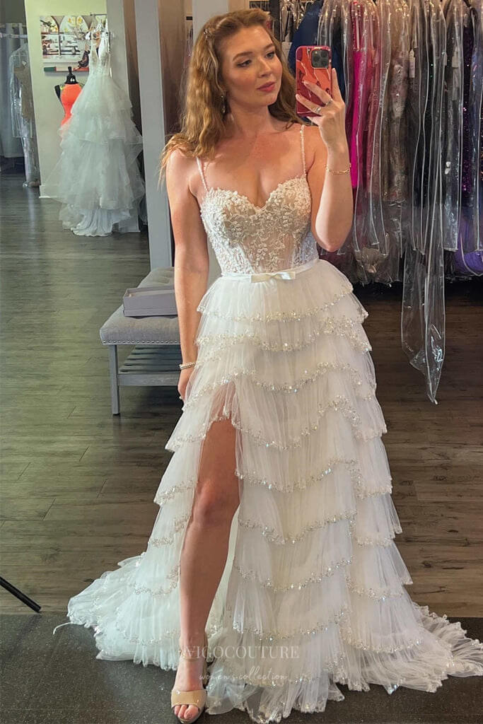 White Beaded Ruffle Prom Dresses Lace Applique Spaghetti Strap Evening Dress 24056 Ivory / 24W White Beaded Ruffle Prom Dresses Lace Applique Spaghetti Strap Evening Dress 24056 Ivory / 24W
