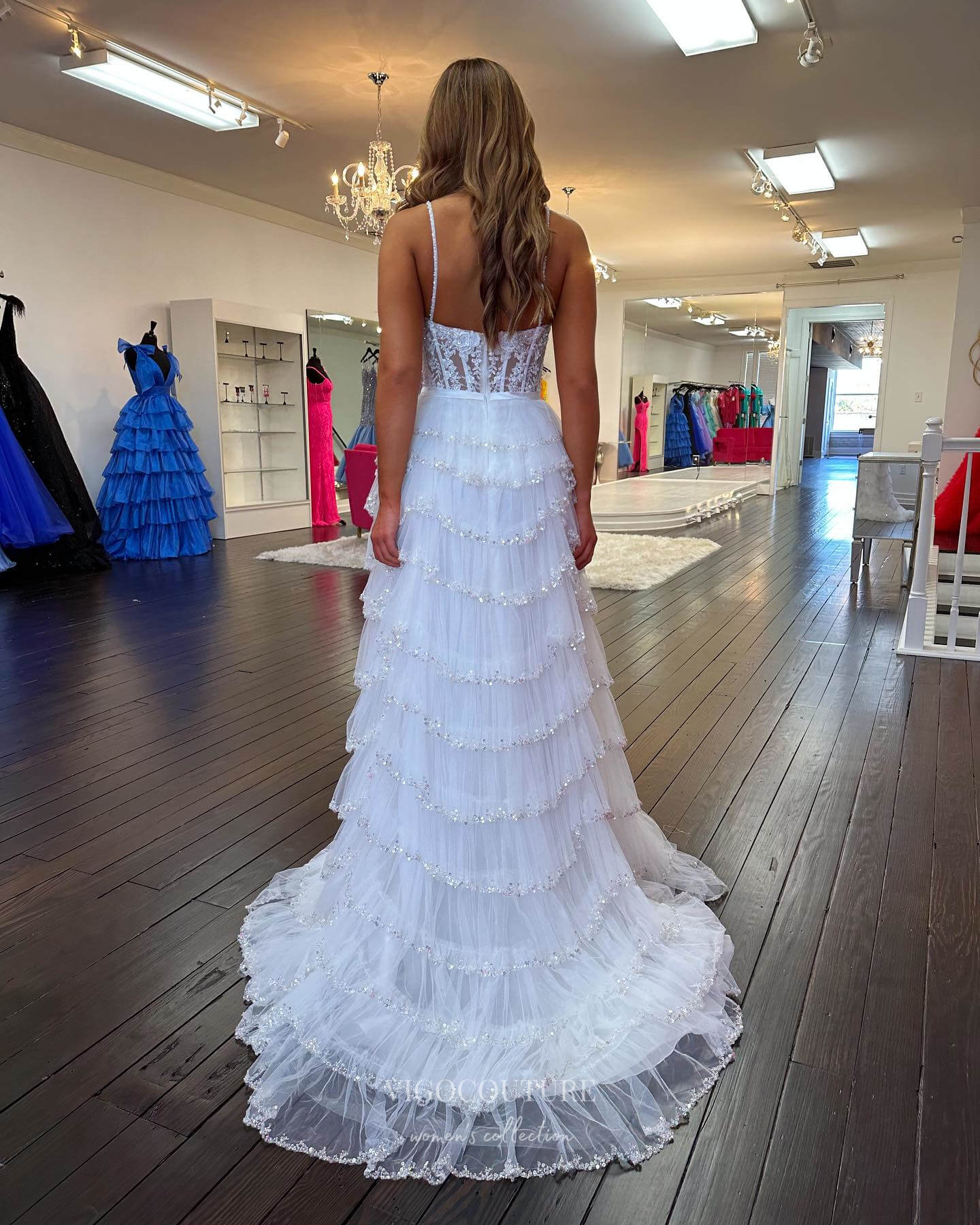 White Beaded Ruffle Prom Dresses Lace Applique Spaghetti Strap Evening Dress 24056 White / US2 White Beaded Ruffle Prom Dresses Lace Applique Spaghetti Strap Evening Dress 24056 White / US2