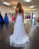 Prom Dress 2025 White Beaded Ruffle Prom Dresses Lace Applique Spaghetti Strap Evening Dress 24056-unique elegant Prom Dresses-White-Custom Size-vigocouture