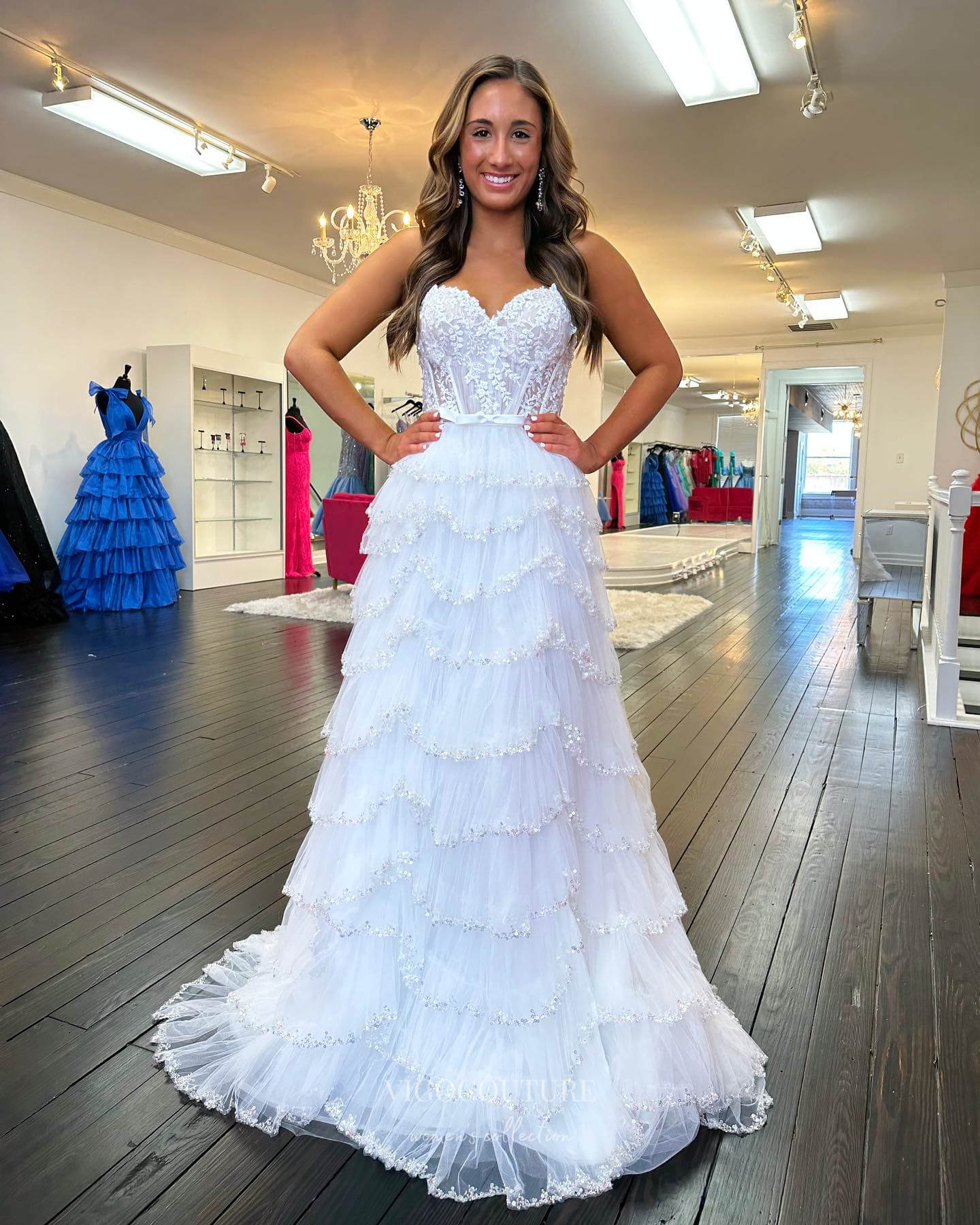 White Beaded Ruffle Prom Dresses Lace Applique Spaghetti Strap Evening vigocouture White Beaded Ruffle Prom Dresses Lace Applique Spaghetti Strap Evening vigocouture