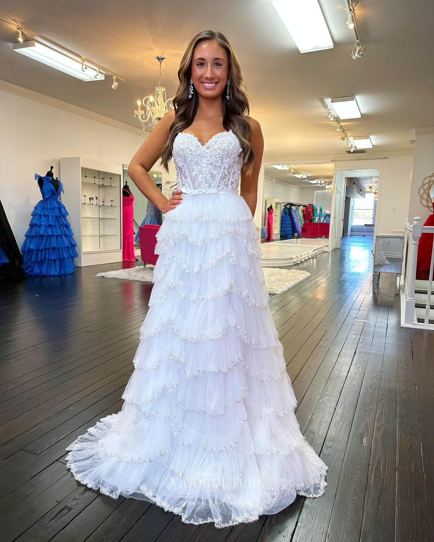 White Beaded Ruffle Prom Dresses Lace Applique Spaghetti Strap Evening Dress 24056 Ivory / 24W White Beaded Ruffle Prom Dresses Lace Applique Spaghetti Strap Evening Dress 24056 Ivory / 24W