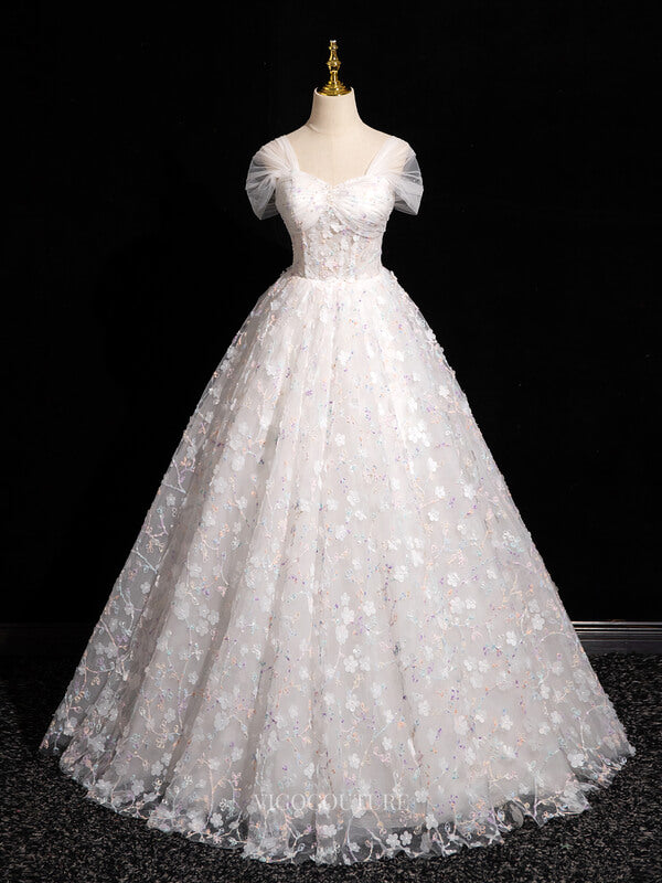 White Floral Tulle Prom Dresses Off the Shoulder Quinceanera Dresses B vigocouture White Floral Tulle Prom Dresses Off the Shoulder Quinceanera Dresses B vigocouture