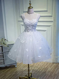 White Lace Applique  Homecoming Dresses Wide Strap Short Prom Dresses hc083