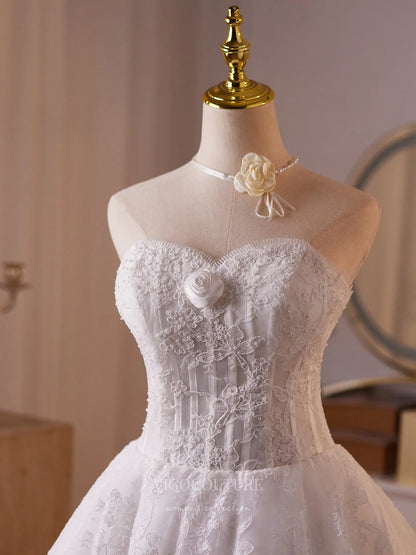 Prom Dresses 2025 to impress White Lace Strapless Mini Dress with Satin Rosette Trim, Sheer Corset Bodice & Lace-Up Back – 26005-vigocouture-vigocouture