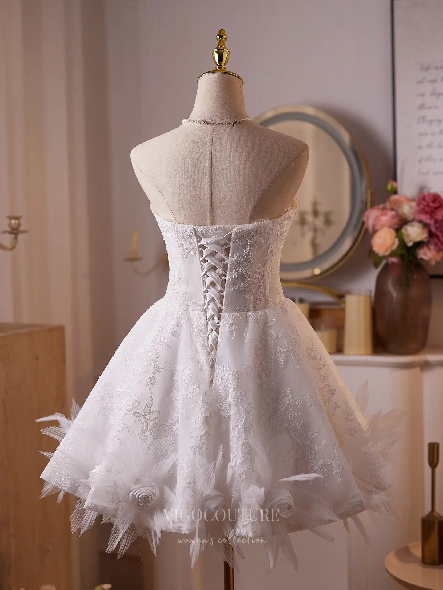 Prom Dresses 2025 to impress White Lace Strapless Mini Dress with Satin Rosette Trim, Sheer Corset Bodice & Lace-Up Back – 26005-vigocouture-vigocouture