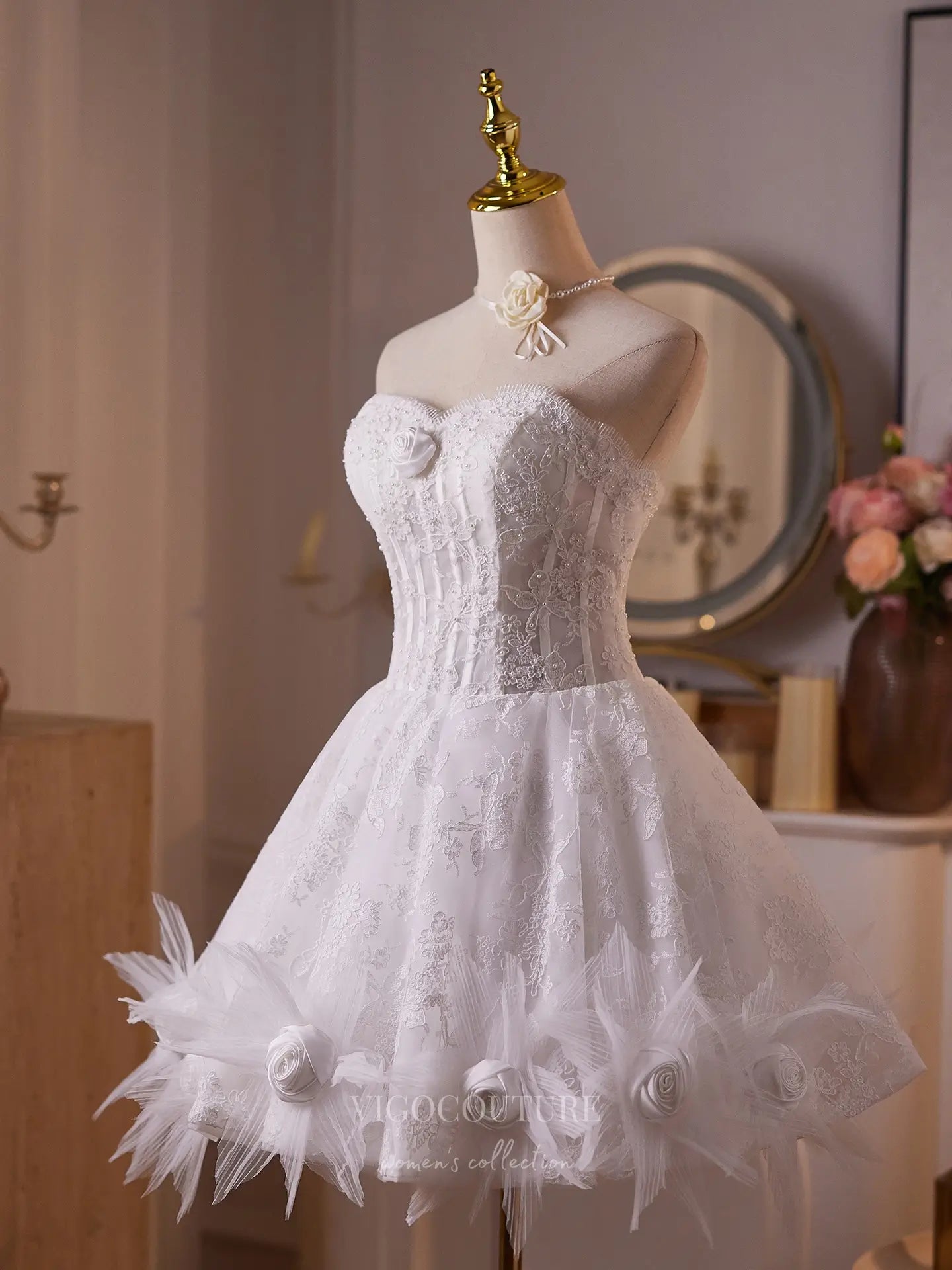 Prom Dresses 2025 to impress White Lace Strapless Mini Dress with Satin Rosette Trim, Sheer Corset Bodice & Lace-Up Back – 26005-vigocouture-vigocouture