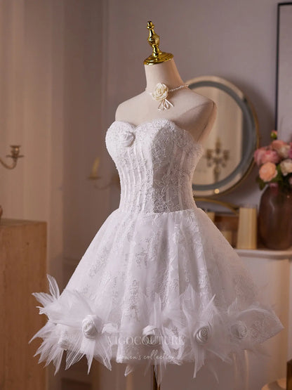 Prom Dresses 2025 to impress White Lace Strapless Mini Dress with Satin Rosette Trim, Sheer Corset Bodice & Lace-Up Back – 26005-vigocouture-vigocouture
