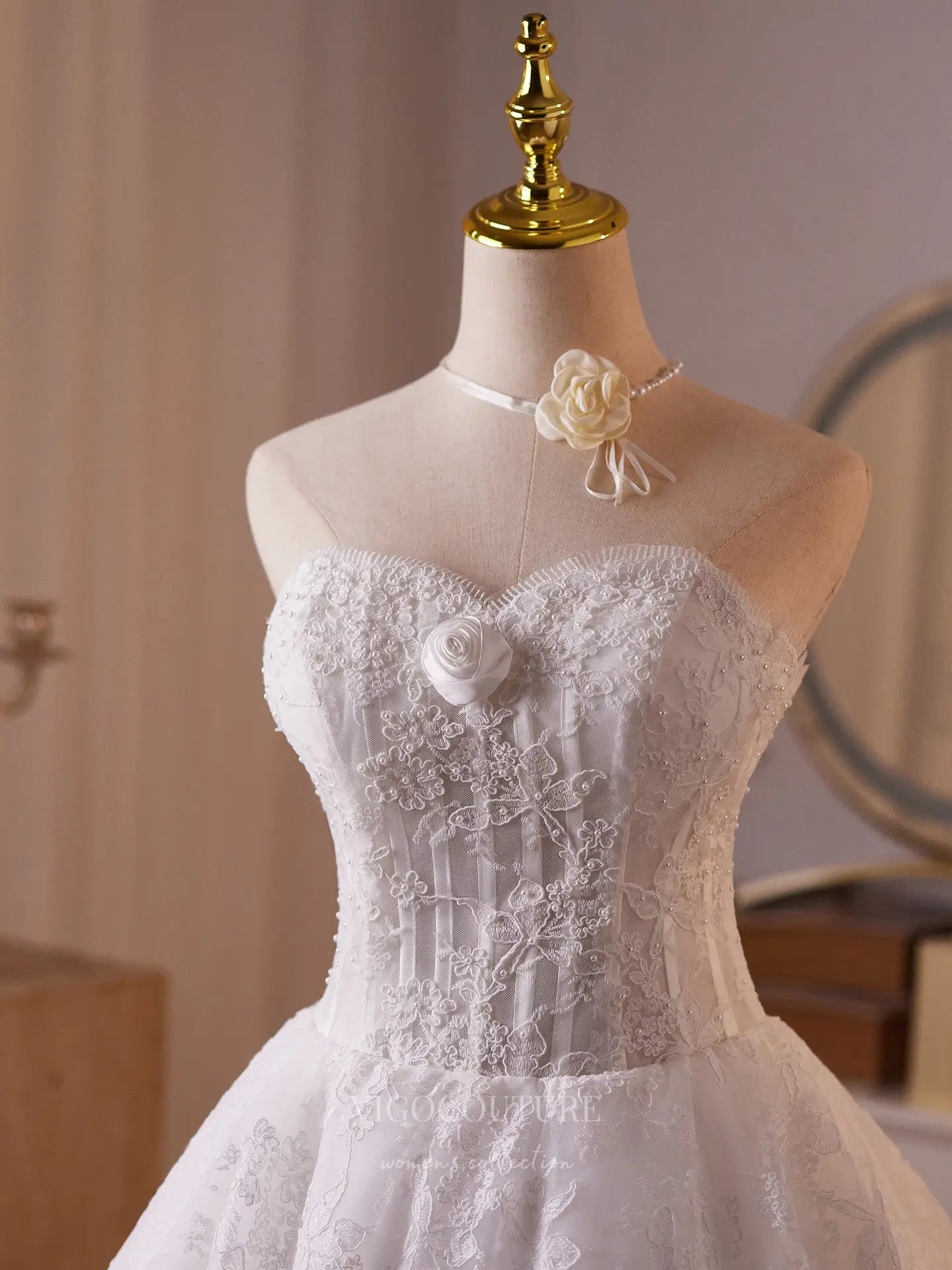 Prom Dresses 2025 to impress White Lace Strapless Mini Dress with Satin Rosette Trim, Sheer Corset Bodice & Lace-Up Back – 26005-vigocouture-vigocouture