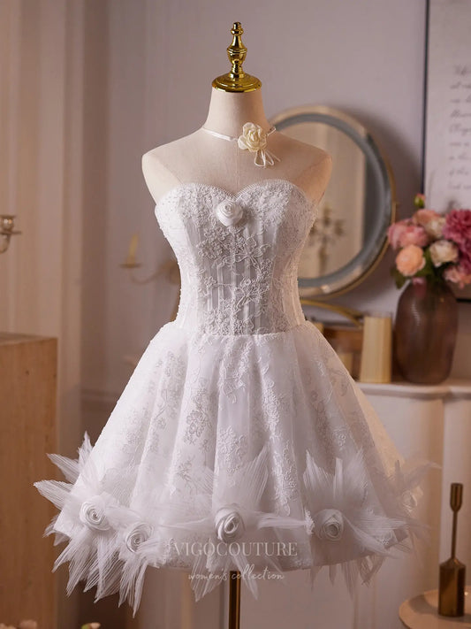 White Lace Strapless Mini Dress with Satin Rosette Trim, Sheer Corset Bodice & Lace-Up Back – 26005