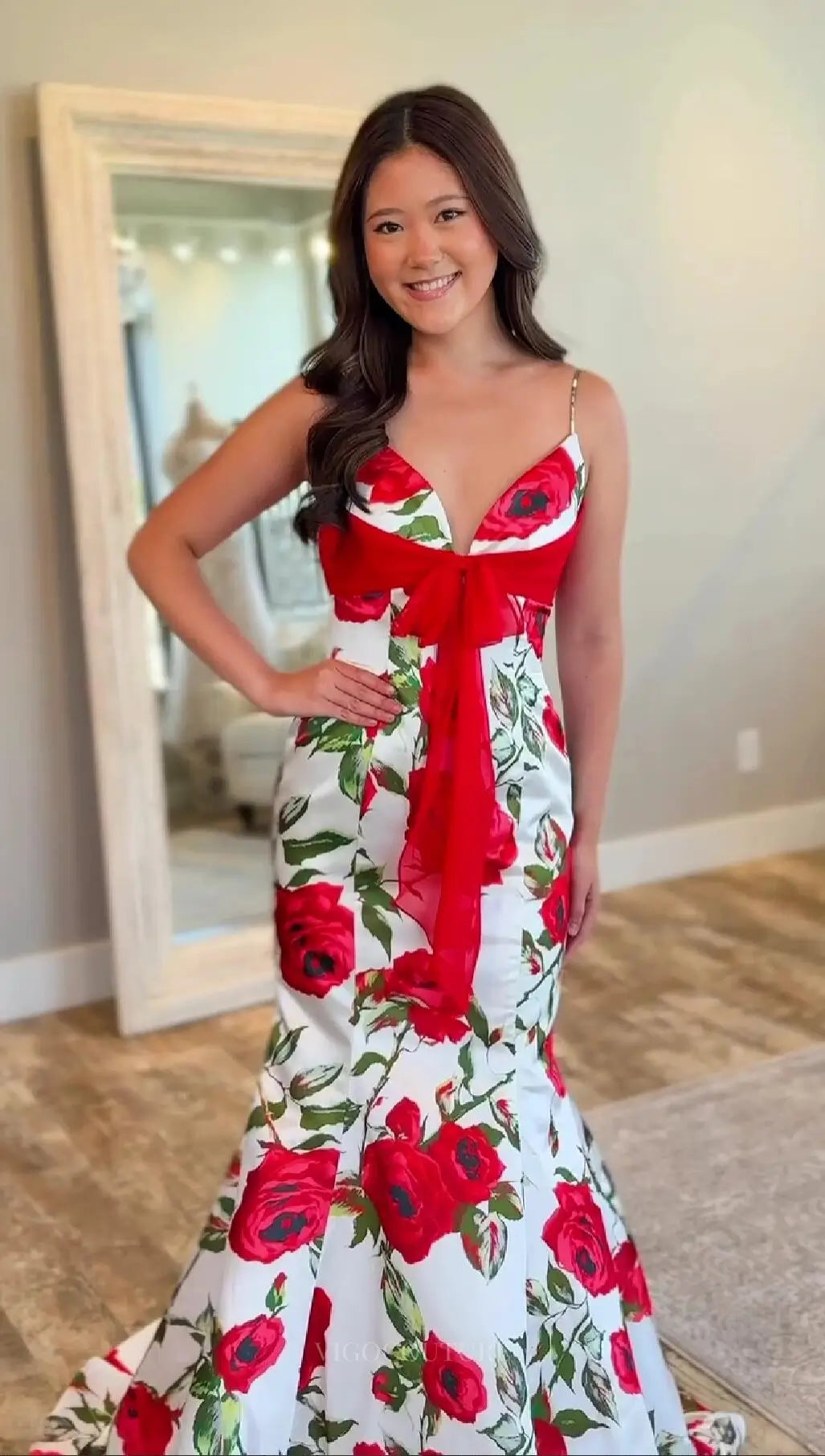 White Rose Print Mermaid Prom Dress with Red Bow, V-Neck & Spaghetti Straps FP022 - Red / US 26W White Rose Print Mermaid Prom Dress with Red Bow, V-Neck & Spaghetti Straps FP022 - Red / US 26W