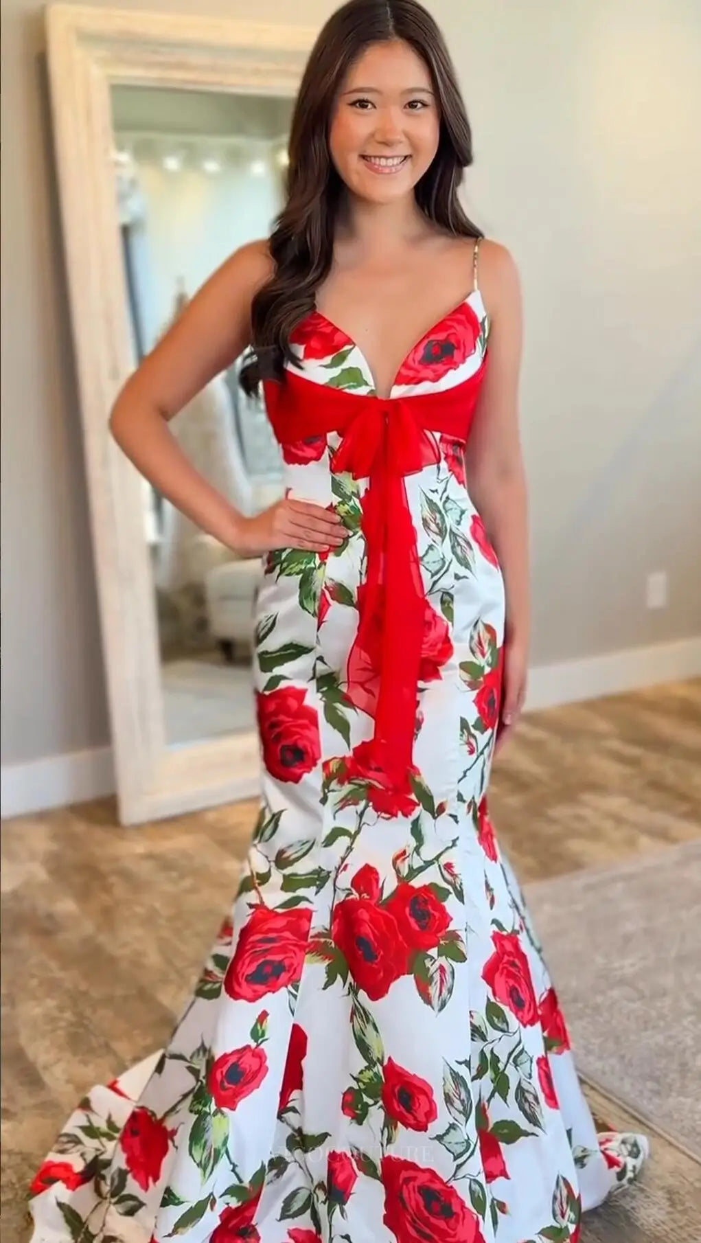 White Rose Print Mermaid Prom Dress with Red Bow – FP022 – vigocouture