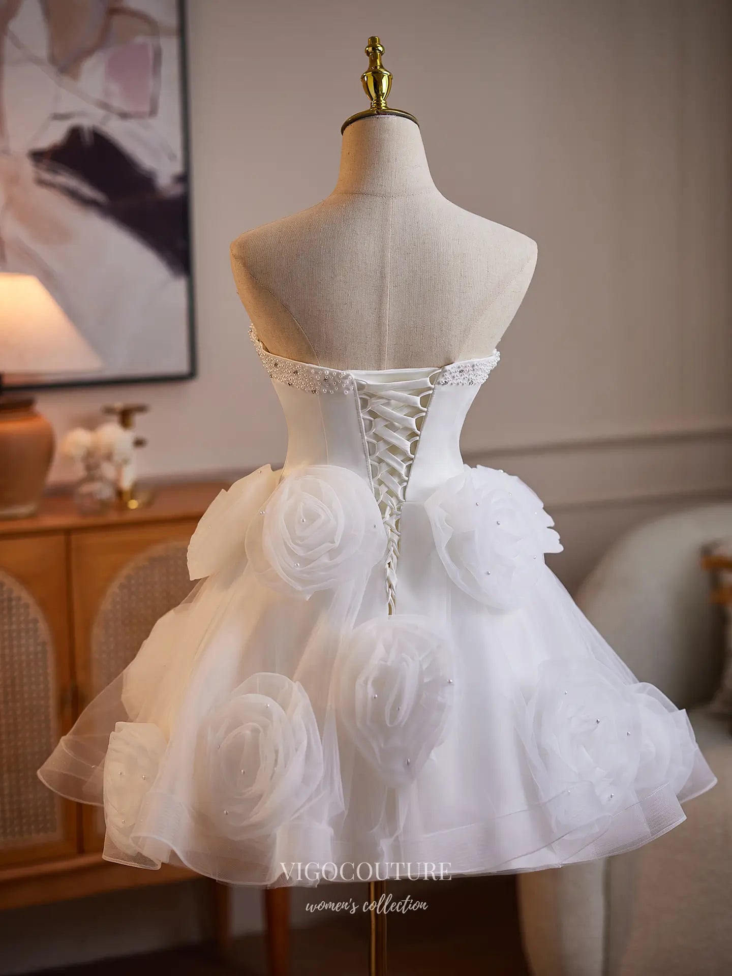 Prom Dresses 2025 to impress White Satin Corset Homecoming Dress with 3D Rosette Skirt & Pearl Beaded Neckline - HC511-vigocouture-vigocouture