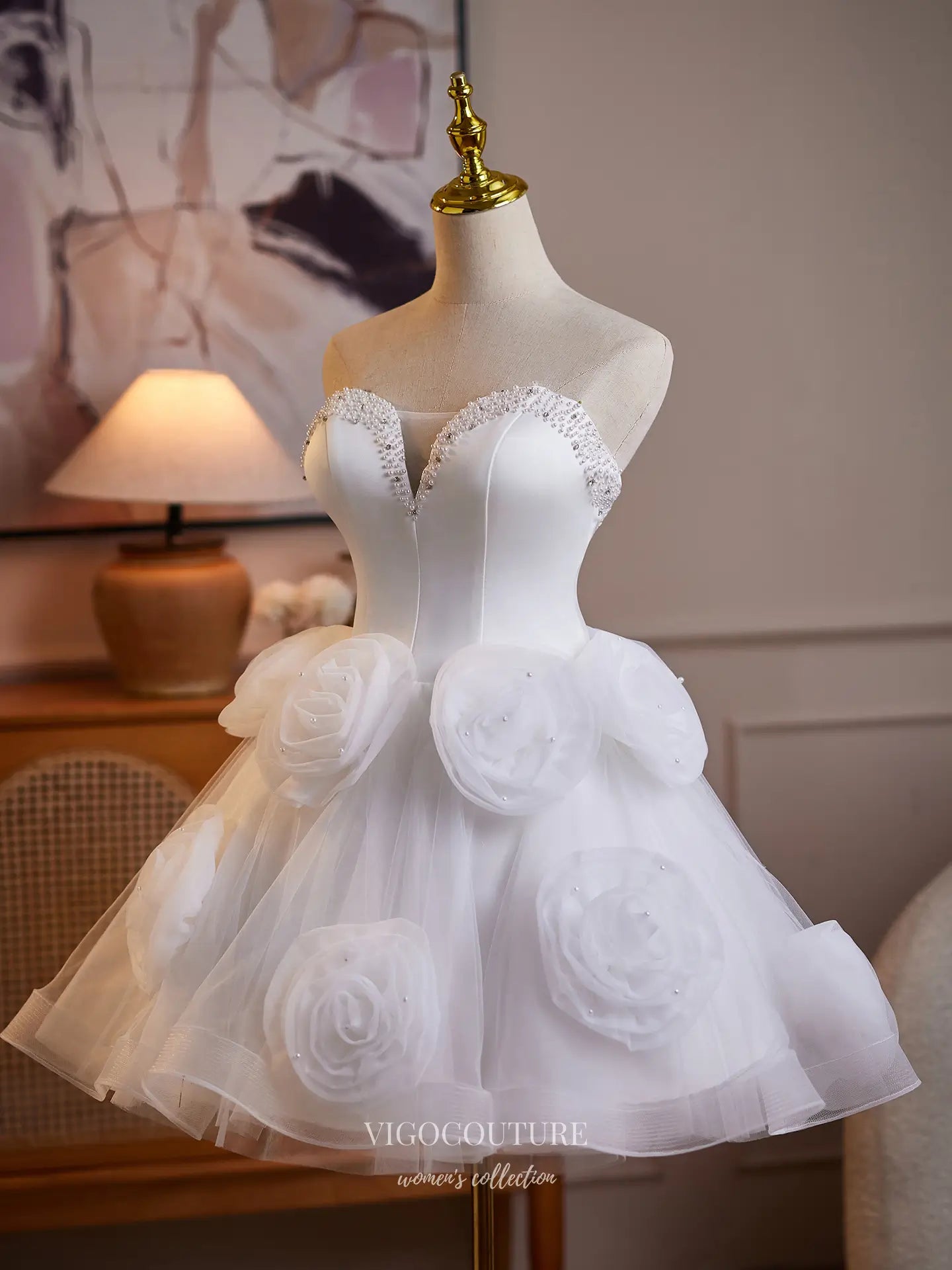 Prom Dresses 2025 to impress White Satin Corset Homecoming Dress with 3D Rosette Skirt & Pearl Beaded Neckline - HC511-vigocouture-vigocouture