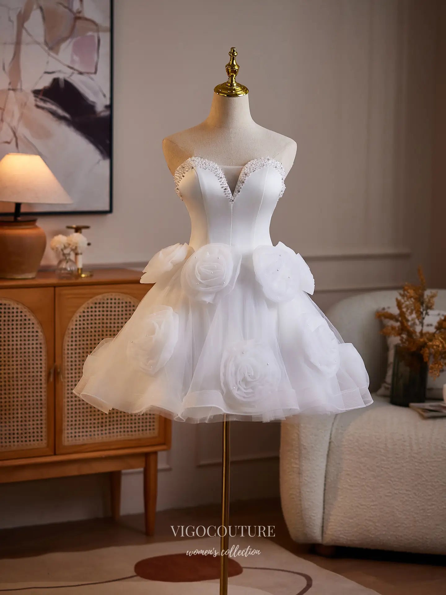Prom Dresses 2025 to impress White Satin Corset Homecoming Dress with 3D Rosette Skirt & Pearl Beaded Neckline - HC511-vigocouture-vigocouture