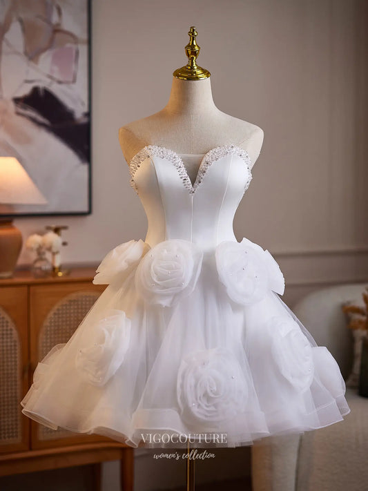 Prom Dresses 2025 to impress White Satin Corset Homecoming Dress with 3D Rosette Skirt & Pearl Beaded Neckline - HC511-vigocouture-vigocouture