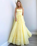 Prom Dress 2025 Yellow 3D Flower Prom Dresses Spaghetti Strap Evening Dress 21678b-unique elegant Prom Dresses-Yellow-US0-vigocouture