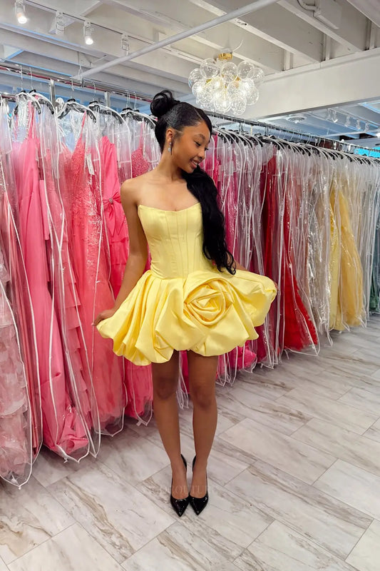 Prom Dresses 2025 to impress Yellow 3D Rosette Bubble Skirt Homecoming Dress with Strapless Corset Bodice - H26009-vigocouture-vigocouture