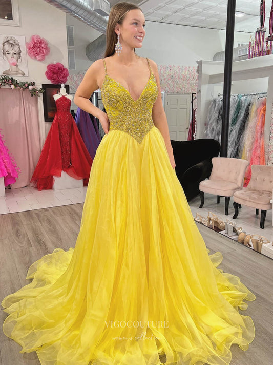 Prom Dress 2025 Yellow Beaded Lace Organza Prom Dresses 2024 Spaghetti Strap V-Neck 24217-unique elegant Prom Dresses-Yellow-Custom Size-vigocouture