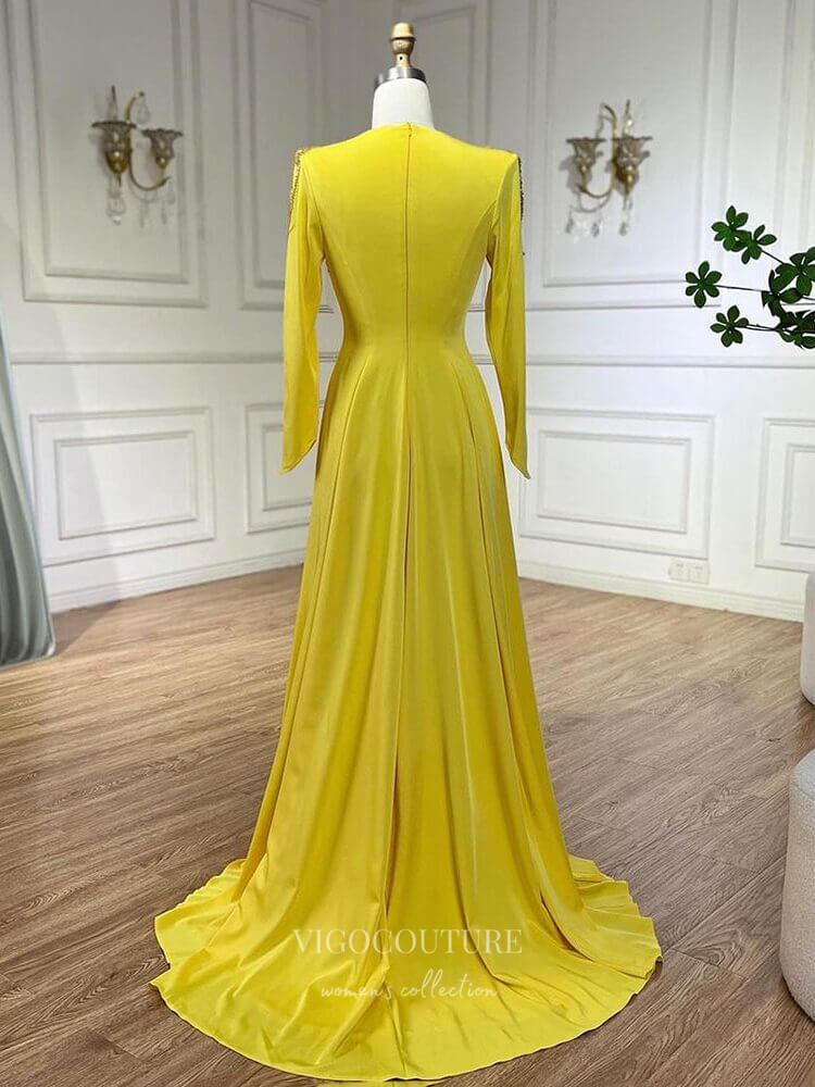 Yellow Beaded Lace Satin Prom Dresses Long Sleeve V-Neck Formal Dress 24515 Yellow / US14 Yellow Beaded Lace Satin Prom Dresses Long Sleeve V-Neck Formal Dress 24515 Yellow / US14