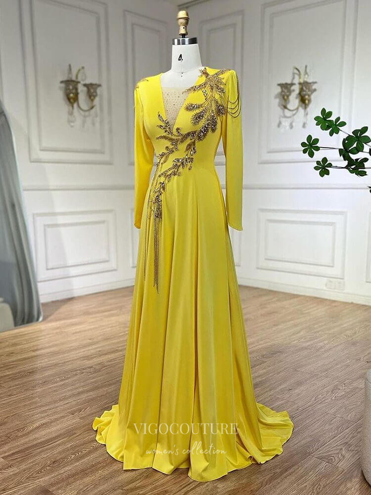 Yellow Beaded Lace Satin Prom Dresses Long Sleeve V-Neck Formal Dress 24515 Yellow / US14 Yellow Beaded Lace Satin Prom Dresses Long Sleeve V-Neck Formal Dress 24515 Yellow / US14