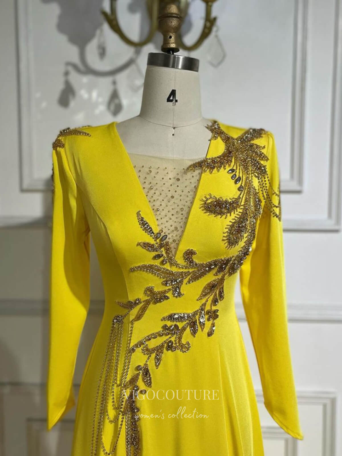 Yellow Beaded Lace Satin Prom Dresses Long Sleeve V-Neck Formal Dress 24515 Yellow / US14 Yellow Beaded Lace Satin Prom Dresses Long Sleeve V-Neck Formal Dress 24515 Yellow / US14