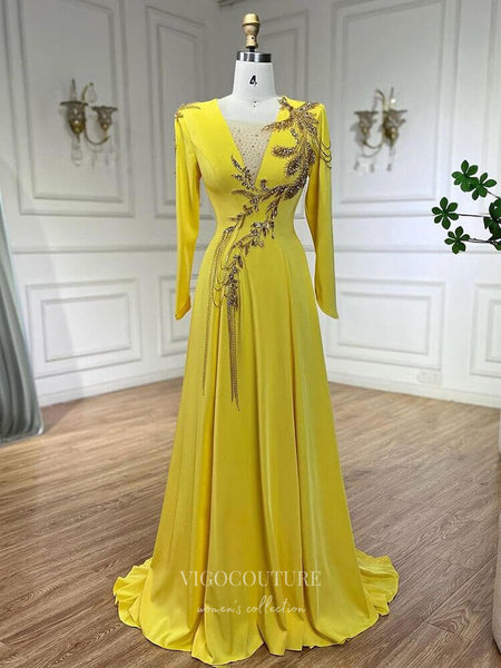 Yellow Latest Material Gown Styles 2018 Yellow Beaded Lace Satin Prom  Dresses Long Sleeve V-Neck