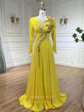 Yellow Beaded Lace Satin Prom Dresses Long Sleeve V-Neck Formal Dress 24515