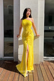 Prom Dress 2025 Yellow Beaded Mermaid Prom Dress with One Shoulder and High Slit 22238-unique elegant Prom Dresses-Yellow-US2-vigocouture