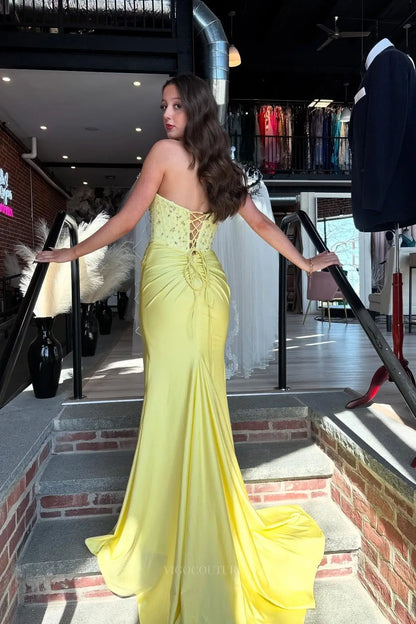 Prom Dresses 2025 to impress Yellow Beaded Strapless Prom Dress with Heart Cutout, Lace-Up Back & High Slit – 26092-vigocouture-vigocouture