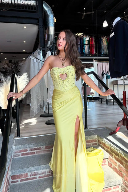 Prom Dresses 2025 to impress Yellow Beaded Strapless Prom Dress with Heart Cutout, Lace-Up Back & High Slit – 26092-vigocouture-vigocouture