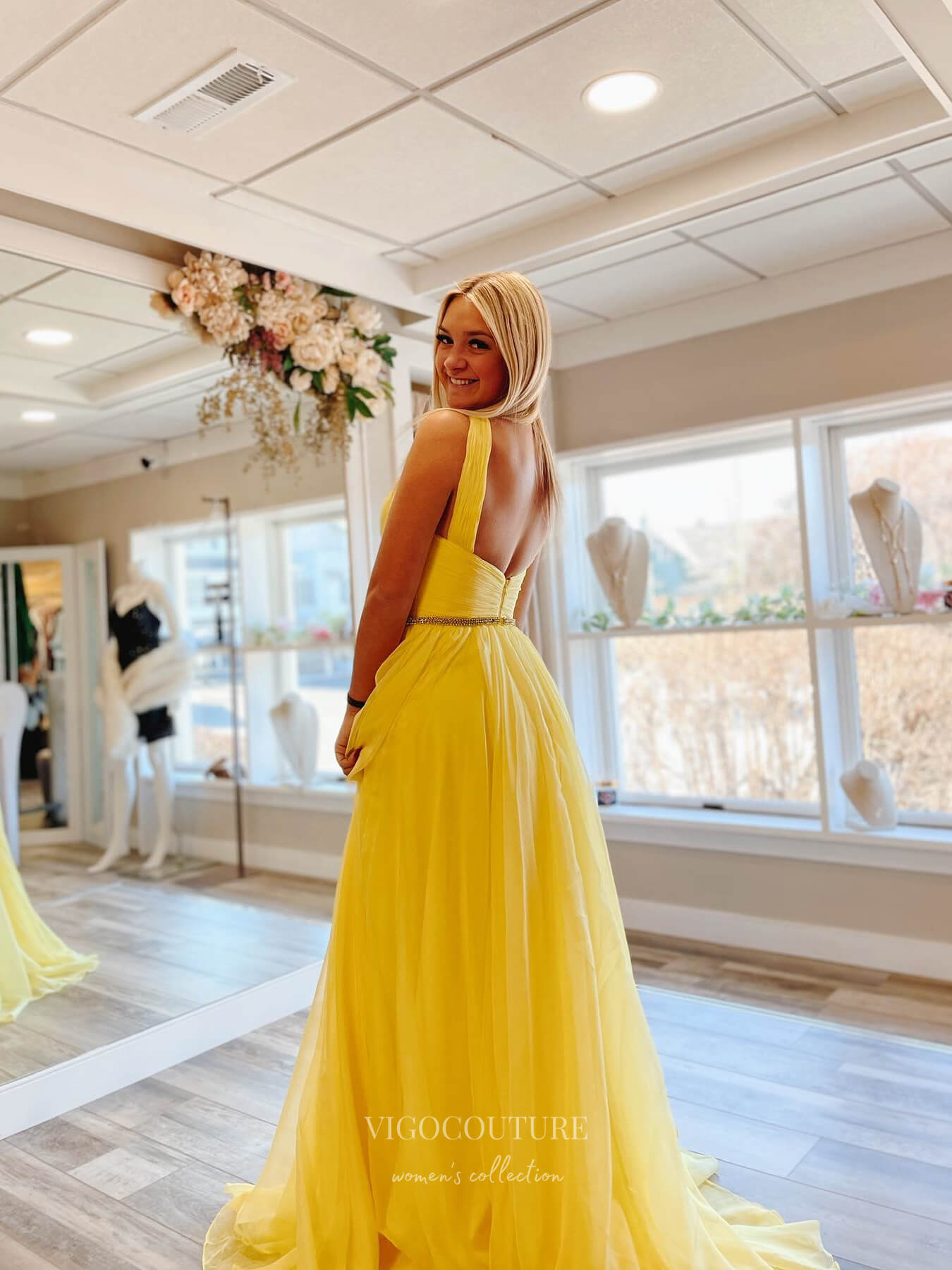 Yellow Chiffon Crossed Neck Prom Dresses Pleated Bodice Beaded Waist 2 vigocouture Yellow Chiffon Crossed Neck Prom Dresses Pleated Bodice Beaded Waist 2 vigocouture