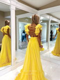 Prom Dress 2025 Yellow Chiffon Pleated Sheath Prom Dresses Tiered Strap Corset Back 24115-unique elegant Prom Dresses-Yellow-Custom Size-vigocouture