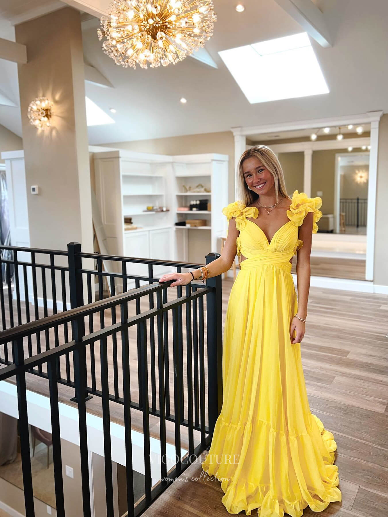 yellow pleated prom dress Cut-Out Long Ruffled Prom Dress: Juliet JT2508A Yellow / 2